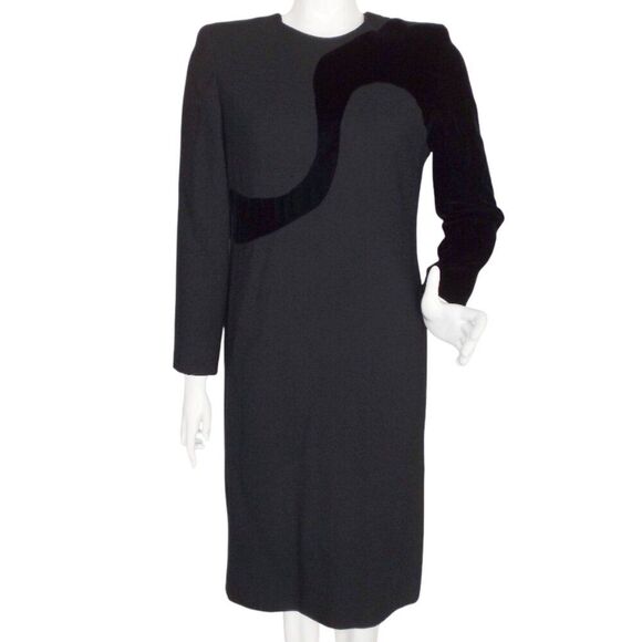 CAROLINA HERRERA Dress, 10, Black Wool/Velvet, Long sleeve,shoulder pads VINTAGE - Picture 1 of 14
